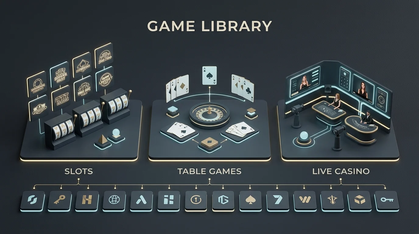 Casino lobby with slots, table games and live casino categories
