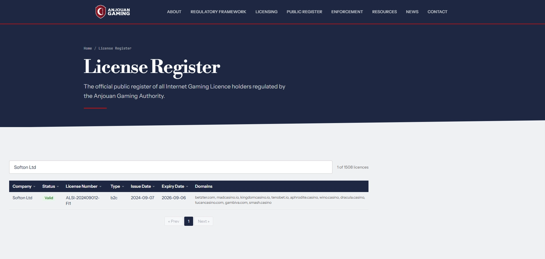 Anjouan Gaming public register entry for Softon Ltd licence ALSI-202409012-FI1