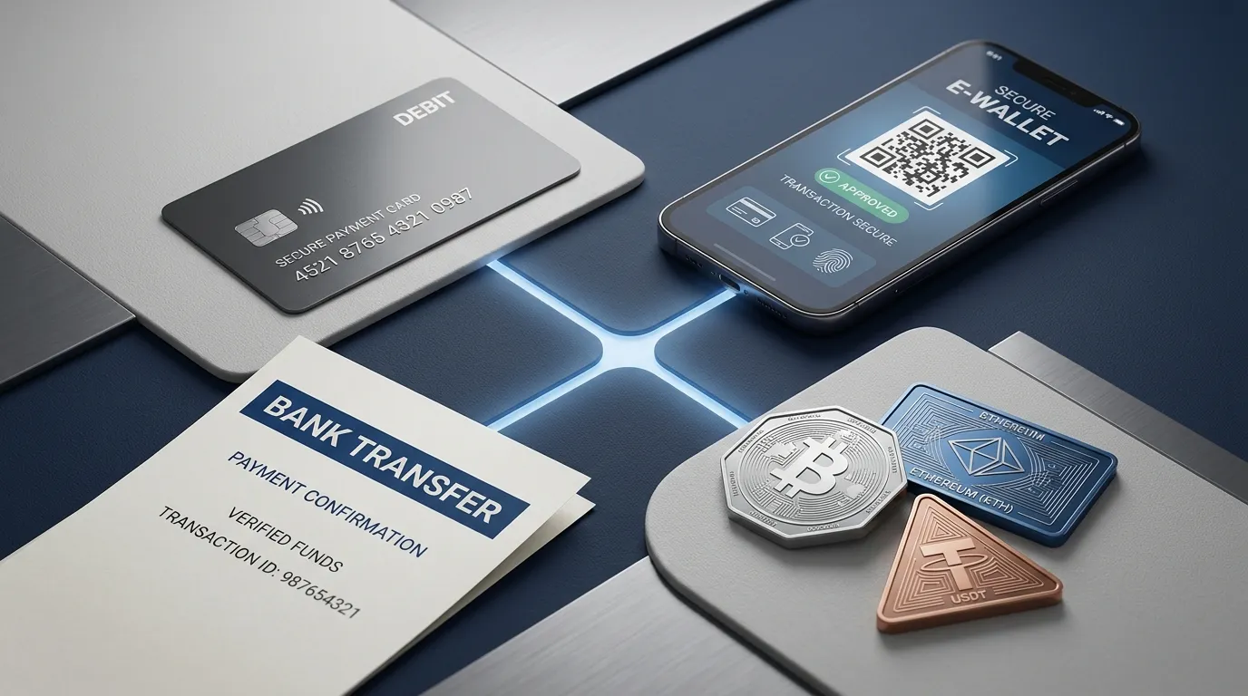 Neutral payment-method illustration combining a bank card, e-wallet, bank transfer and cryptocurrency symbols without logos