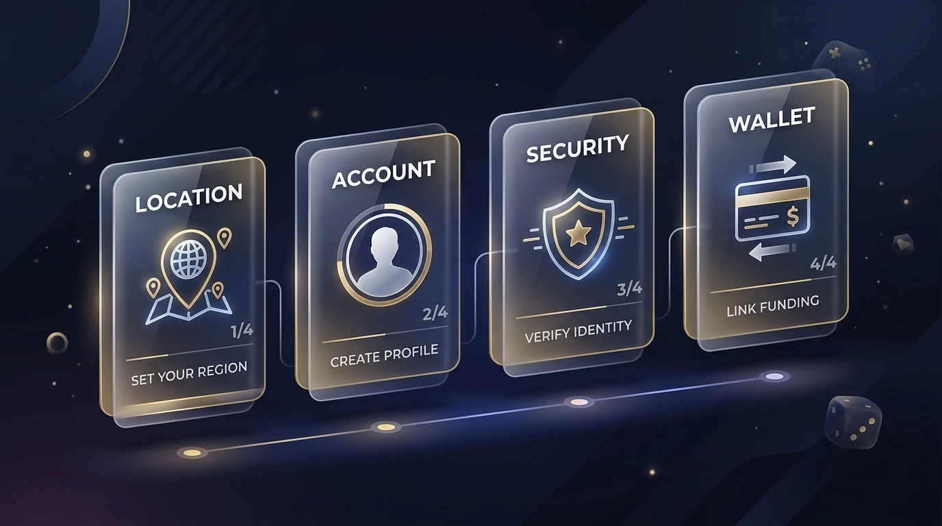 Account registration steps covering eligibility, personal details, KYC and funding