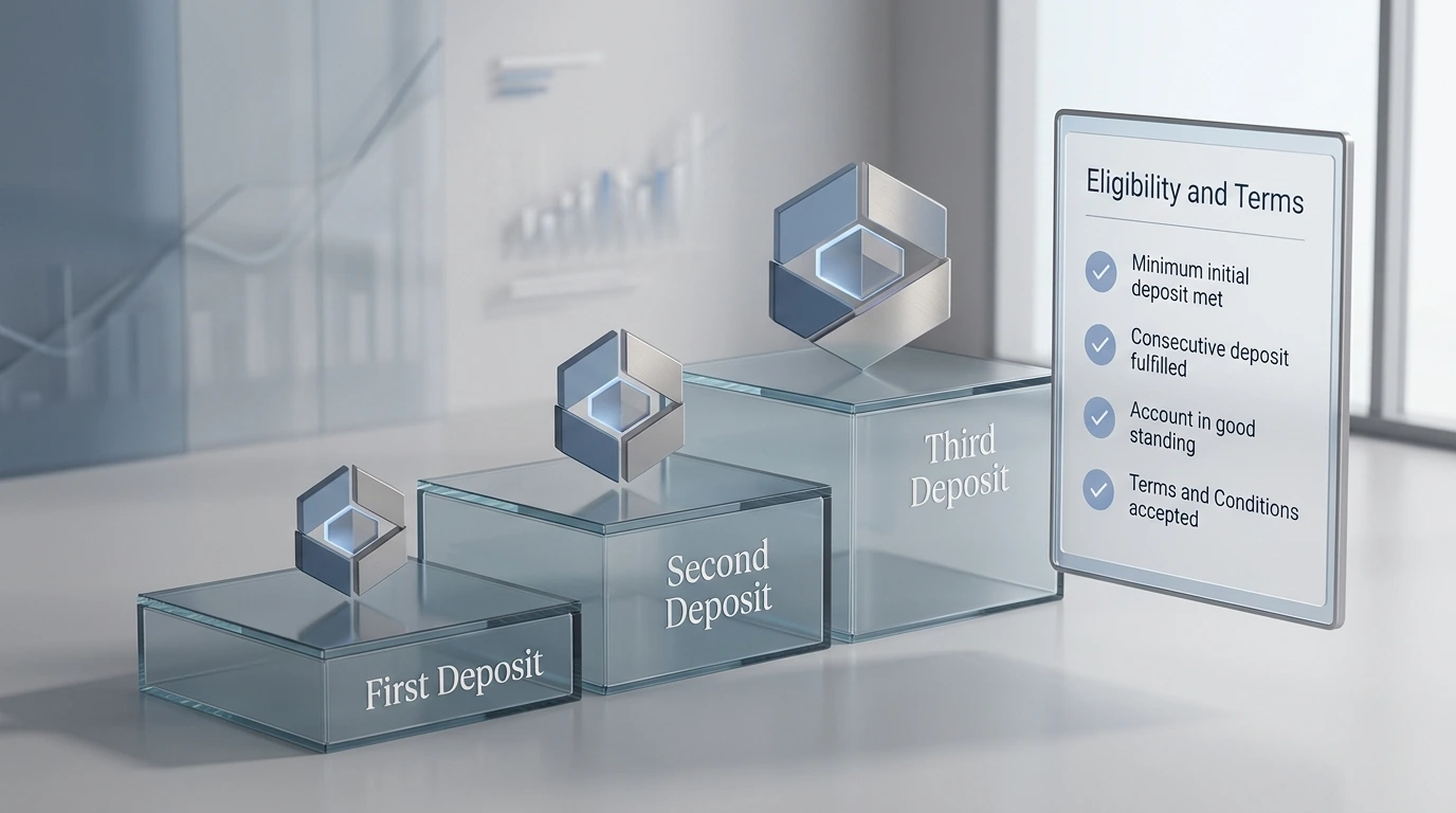 Neutral three-stage deposit bonus concept showing first, second and third deposit steps without casino branding