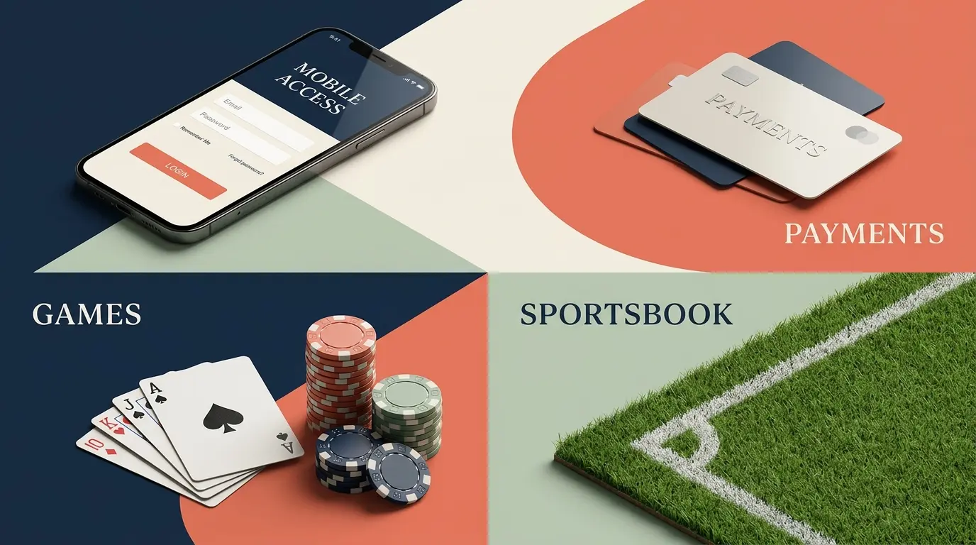 Casino games, sportsbook, payments and mobile use shown as four product areas
